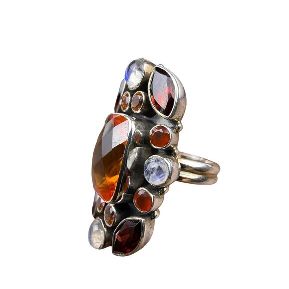 Red Garnet Amber Moonstone Silver Statement Ring India Handmade Boho Style Sz 6 - Picture 1 of 6